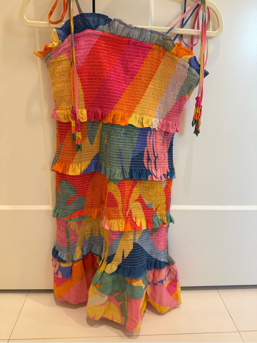 FARM Rio Smocked Tiered Sundress with Beaded Ties
